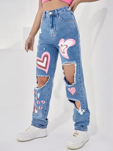 Vista 5 de Floerns Pantalones de mezclilla rectos con estampado de cintura alta y pierna ancha para mujer