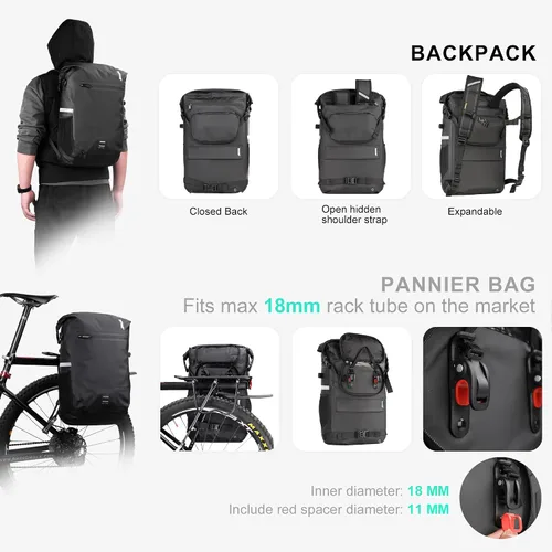 Vista 3 de Rhinowalk Bolsa de alforja para bicicleta, impermeable, 22L, bolsa de maletero trasera para ciclismo, ciclismo, viajes, equitación Negro