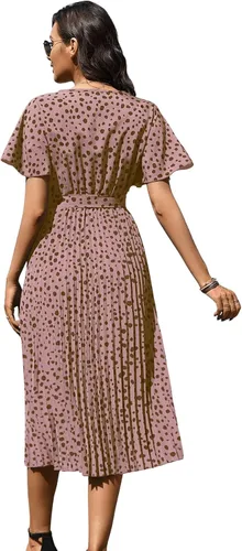 Vista 2 de Floerns Vestido midi plisado de manga corta con cuello en V y cinturón para mujer