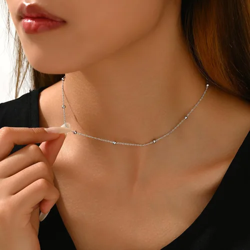 Vista 4 de Delicado collar de cadena para mujer, chapado en oro de 18 quilates, gargantilla de disco de moneda, collar simple de cadena trenzada con cuentas