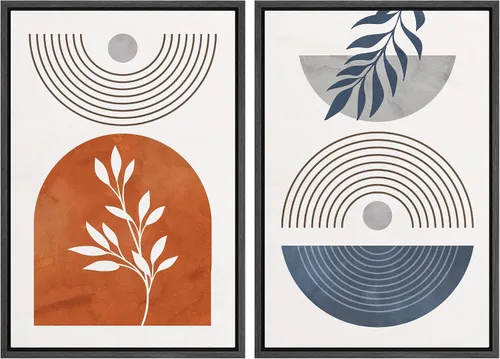 Vista 124 de SIGNFORD Lienzo enmarcado para pared, juego de arte geométrico retro de mediados de siglo, plantas forestales, ilustraciones con formas abstractas