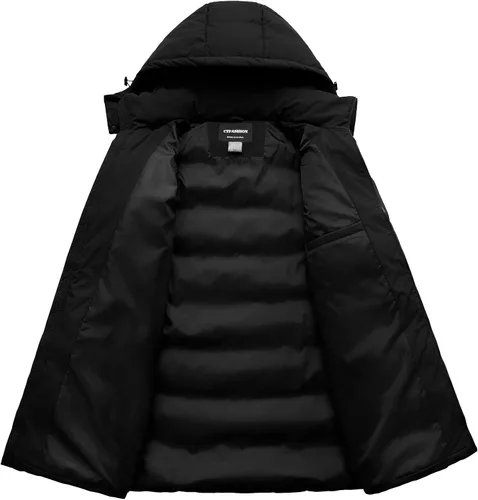Vista 3 de Abrigo de invierno para hombre, chaqueta larga acolchada impermeable, parka de esquí, ropa exterior gruesa con capucha extraíble Negro