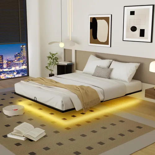 Vista 10 de Base de cama flotante de tamaño individual con luces LED y estación de carga, cama moderna de plataforma de metal, resistente, fácil montaje,