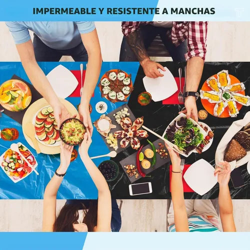 Vista 7 de Boao 12 piezas de manteles de plástico desechables para mesas con borde elástico ajustable, manteles rectangulares impermeables para mesas de Azul