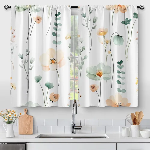 Vista 16 de Aimego Cortinas de Cocina de Eucalipto Primaveral - Hojas de Plantas de Acuarela Floral Azul con Cortinas de Nivel Botánico Floral para Cafetería
