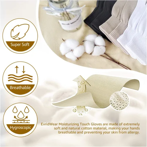 Vista 7 de Evridwear Guantes de algodón hidratantes unisex con puntas de dedos táctiles para eczema, cosmética, manos secas, terapia para piel sensible e