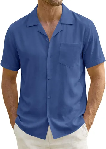 Vista 13 de ZEROYAA Camisas de manga corta con botones y ajuste regular para hombre Rojo llama