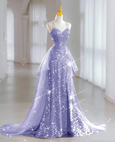 Vista 6 de CWOAPO Vestidos de fiesta de lentejuelas con tirantes delgados para mujer, vestido de baile largo con abertura, vestido formal de sirena con cola