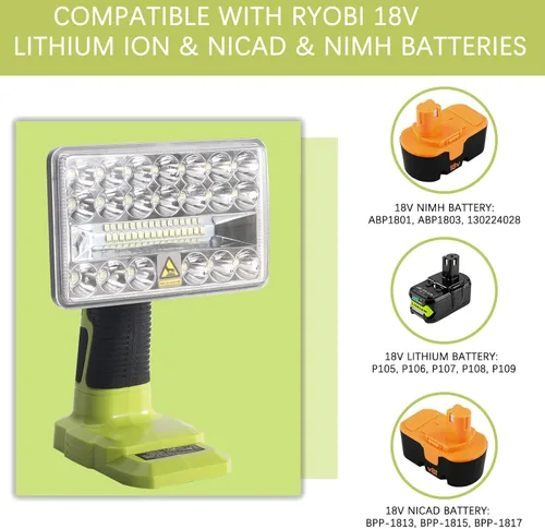 Vista 2 de YEX-BUR Luz de trabajo LED inalámbrica para batería Ryobi de 18 V, 18 W, 2000 lúmenes, foco LED de mano, linterna portátil para el lugar de trabajo