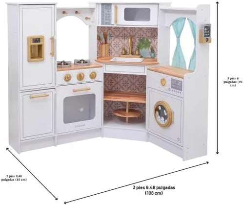 Vista 8 de KidKraft Ultimate - Cocina de esquina de madera con luces y sonidos, teléfono de juego y cortinas, blanco Lazy Susan, cortinas, se adapta a dos