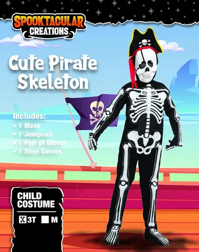 Vista 4 de Spooktacular Creations Bonito disfraz de esqueleto pirata para niños disfraz de esqueleto 3D aterrador y sombrero de pirata para fiestas de Halloween