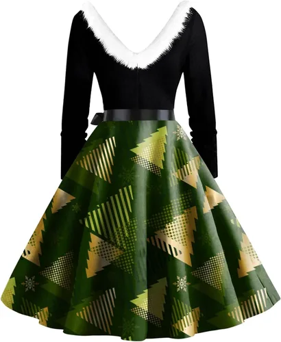 Vista 3 de Trajes de Navidad para mujer, vestido mullido de felpa con cuello en V, para festival de dibujos animados, cóctel, vacaciones, fiesta, vestido