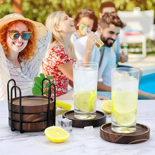Vista 6 de Posavasos de madera para bebidas - Juego de posavasos de madera natural para vasos de bebida, protección de mesa para cualquier tipo de mesa, juego