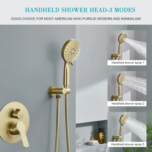 Vista 4 de Sistema de ducha de oro cepillado de 12 pulgadas para baño, cabezal de ducha de lluvia dorado de alta presión con rociador de mano, accesorios