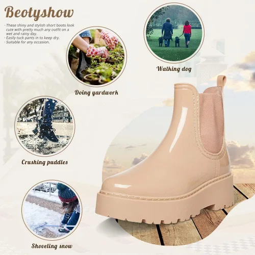Vista 2 de Botas de lluvia con plataforma para mujer, botas Chelsea de charol impermeables, botas de punta redonda para mujer