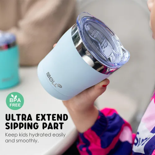Vista 2 de Taza para niños Mollcity - Vaso de 9 oz con tapa y pajita de acero inoxidable, vaso aislado al vacío de doble pared para niños, a prueba