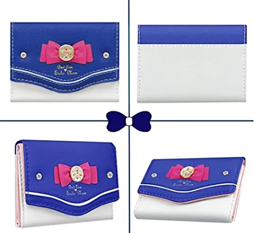 Vista 2 de Sailor Moon - Cartera pequeña de piel sintética con lazo Kawaii Tsukino Usagi triple para tarjetas de crédito para niñas, Azul oscuro, Lindo