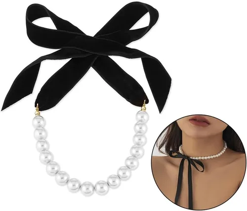 Vista 5 de AKOAK 1 paquete de collar de lazo negro vintage con lazo de perlas, longitud ajustable, elegante collar de joyería único, cadena de suéter