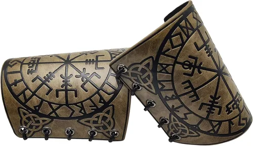 Vista 3 de HiiFeuer Viking Vegvisir - Armadura de cuero en relieve, 3 colores LARP Guantelete de cuero