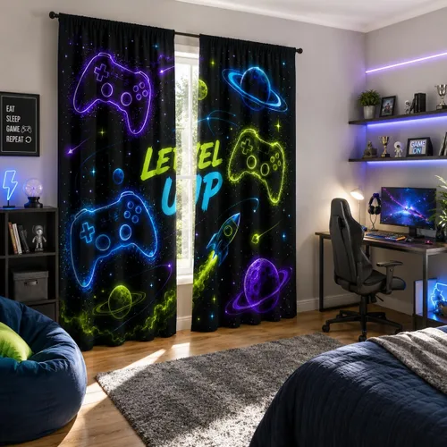 Vista 4 de Cortinas espaciales para ventana gamer con controlador de juego neón y diseño de planeta, cortinas decorativas para dormitorio, sala de juegos, sala