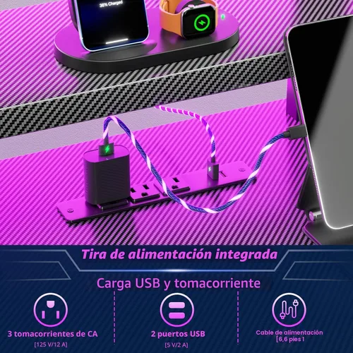 Vista 5 de Korfile Escritorio para juegos de 40 pulgadas con toma de corriente y luces LED, mesa de juegos para computadora en forma de L con estantes