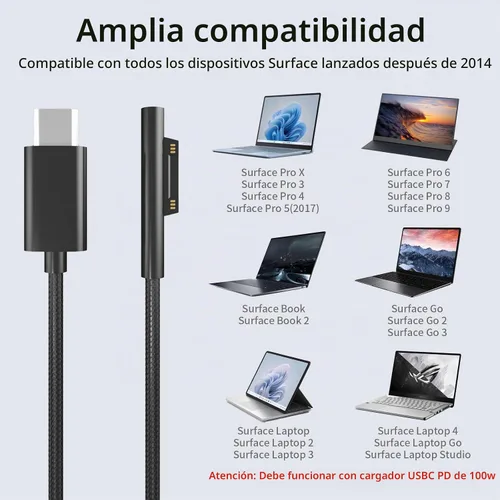 Vista 3 de PD100W USB-C Cable Cargador Compatible con Surface Pro Laptop Microsoft Surface Pro 10/9/8/7+/7/6/5/4/3/X Windows Surface Laptop 6/5/4/3/2/1 Surface
