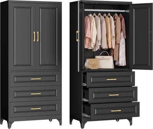 Vista 19 de Armario de metal con 2 puertas, armario de 71 pulgadas de alto con puertas, barra para colgar, cajones y estantes ajustables, armarios