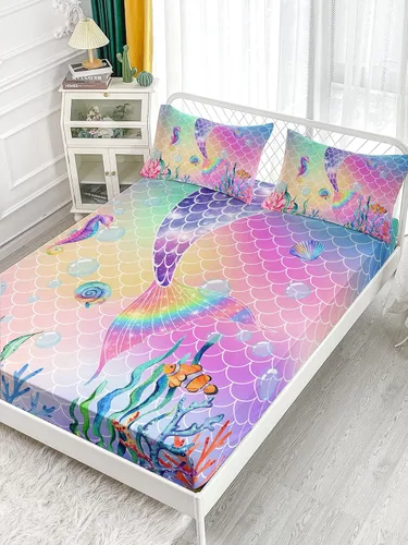 Vista 3 de Datura home Juego de sábanas de 4 piezas ajustadas y planas para niñas, cola de sirena rosa arcoíris impresa con 1 + 2 fundas de almohada