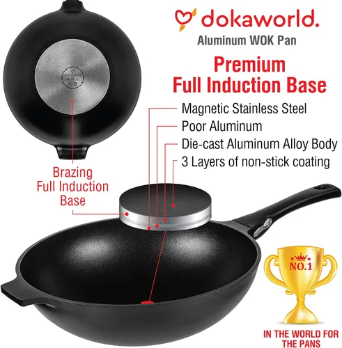 Vista 4 de Wok antiadherente de aluminio de 12 pulgadas, compatible con inducción, ligero