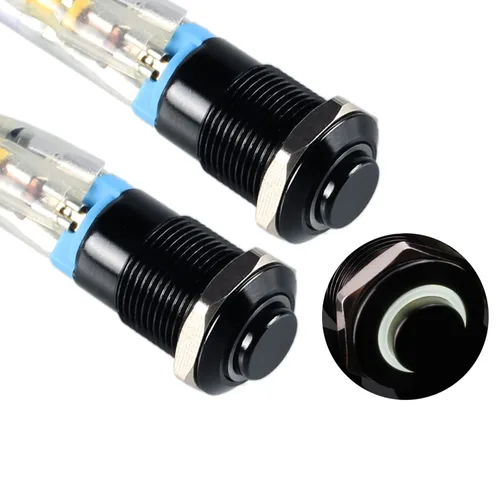 Vista 9 de 2 interruptores de botón de metal con pestillo de 0.472 pulgadas, cabeza elevada de 12 V-24 V, 4 pines de encendido y apagado, 1 no, carcasa negra