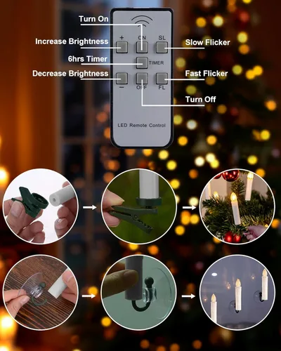 Vista 5 de Homemory 10 velas de clip para árbol de Navidad con control remoto y temporizador, vela LED parpadeante para ventana con clips/ventosas, luz blanca
