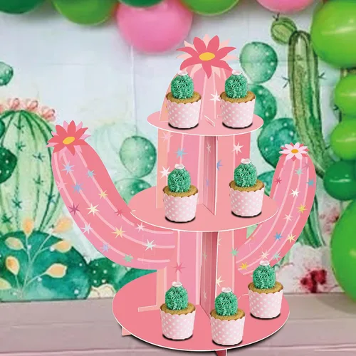 Vista 5 de Soporte para cupcakes de cactus rosa, soporte para cupcakes de fiesta mexicana para vaquera, cumpleaños, despedida de soltera