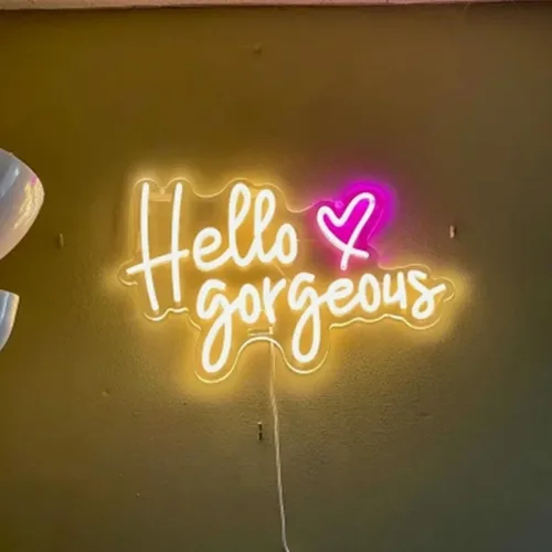 Vista 14 de Letrero de neón LED con texto en inglés «Hello Gorgeous LED», luz nocturna de neón para pared, fiesta de cumpleaños, boda, bar, club, decoración