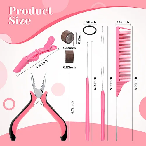 Vista 2 de Kit de herramientas de extensión de cabello de 16 piezas, alicates para quitar 2500 anillos de micro silicona, gancho para tirar de cuentas, aguja