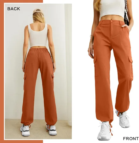 Vista 5 de Lepunuo Pantalones cargo de cintura alta para mujer, pantalones de viaje Y2K Streetwear holgados elásticos con 6 bolsillos con cordón en los tobillos
