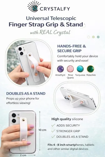 Vista 4 de Crystal Phone Grip and Phone Strap with Real Amethyst Genuine Gemstone and White Strap for Smartphones and Tablets