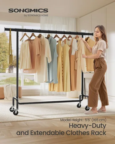 Vista 2 de SONGMICS Perchero con ruedas, estante de ropa resistente con varilla colgante extensible, capacidad de carga de 286.6 lb, 17.7 x (43.3-59.1) x 64.1