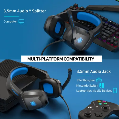 Vista 2 de Auricular para juegos para PS4, Xbox One, computadora, laptop, Mac, PS4 con micrófono, auriculares sobre la oreja, cancelación de ruido, sonido
