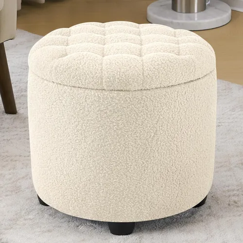 Vista 16 de Furniliving Moderno otomano redondo de almacenamiento, otomano tapizado con botones capitoné con tapa extraíble, taburete de almacenamiento