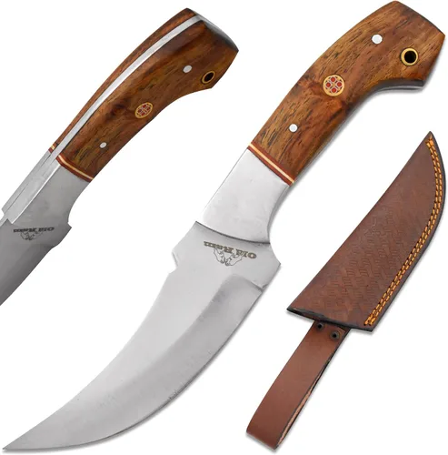 Vista 15 de Collection - Cuchillo de caza de hoja fija resistente, cuchillo afilado de acero inoxidable para exteriores con funda de cuero (BLP-2028)