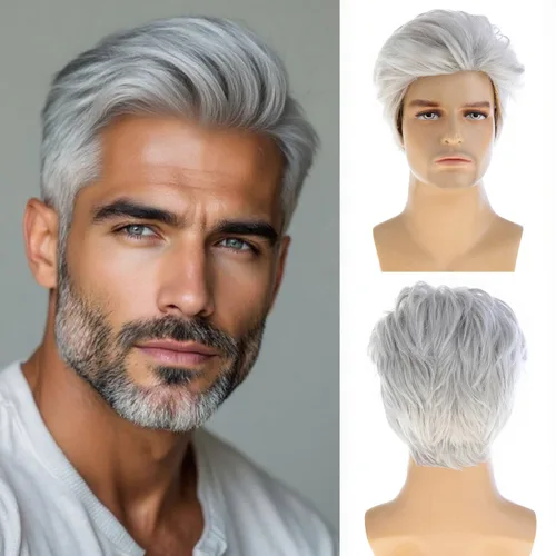 Vista 7 de Peluca gris corta para hombre, peluca sintética resistente al calor, para Halloween, cosplay, peluca de pelo