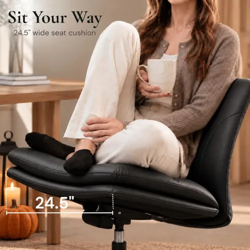 Vista 3 de NYPOT Silla de escritorio sin brazos con ruedas para sentarse entrecruzada, silla sin brazos anchos con patas cruzadas, taburete giratorio ajustable