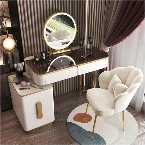 Vista 16 de Tocador de maquillaje, mesa de cristal, tocador, moderno, simple, avanzado, de madera, para dormitorio, almacenamiento, tocador, espejo inteligente