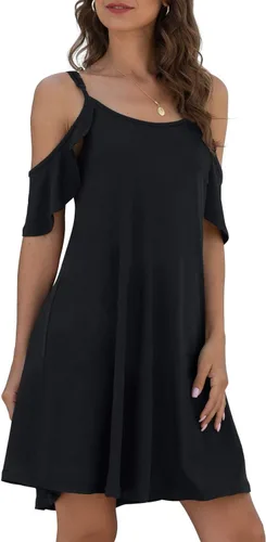 Vista 3 de Jouica Vestido casual de verano para mujer, con tirantes delgados, hombros descubiertos, mangas con volantes, con bolsillo