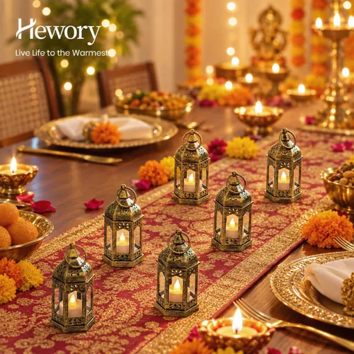 Vista 2 de Hewory 10 mini linternas doradas para decoración de fiestas, velas LED