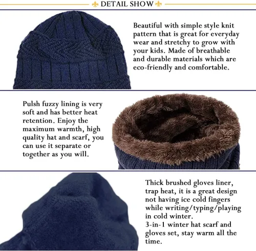 Vista 2 de T WILKER Juego de 3 gorros de invierno para niños, bufanda y guantes para pantalla táctil