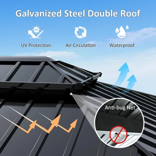Vista 7 de MUPATER Gazebo para exteriores de 10 x 12 pies, carpa de techo rígido con doble techo, estructura resistente con sistema de drenaje y mosquitera