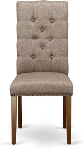 Vista 5 de East West Furniture ELP3T16 Elsa Parson - Juego de 2 sillas de comedor tapizadas de tela de lino color caqui oscuro con ribete de cabeza de clavo