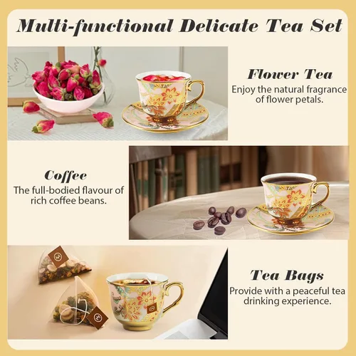 Vista 4 de Juego de 6 tazas de té y platillos, juego de té floral vintage de porcelana para expreso, café, moca, capuchino, fiesta de té de la tarde
