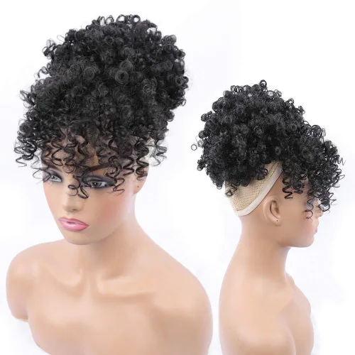 Vista 4 de Cola de caballo con cordón y flequillo, extensiones de cola de caballo afro para mujer, cola de caballo corta y rizada con flequillo con clip para 1b
